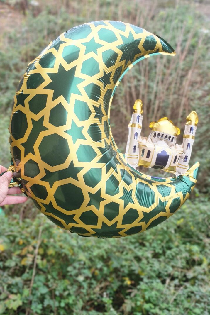 Cami Figürlü Ay Balon Yeşil - Ramazan Süsleri Ay Şekilli Camili Folyo Balon - 2