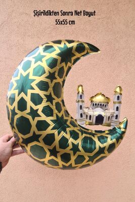 Cami Figürlü Ay Balon Yeşil - Ramazan Süsleri Ay Şekilli Camili Folyo Balon - 3