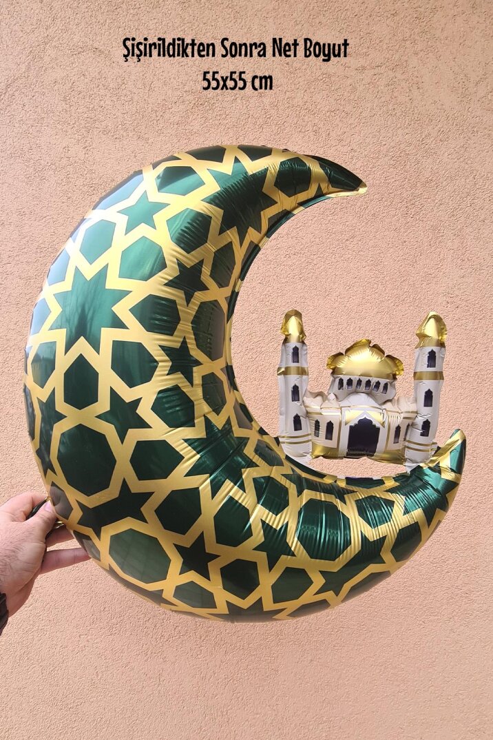 Cami Figürlü Ay Balon Yeşil - Ramazan Süsleri Ay Şekilli Camili Folyo Balon - 3