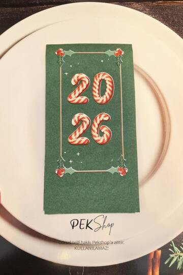 Candy Cane 2026 Baskılı Yeşil Yılbaşı Peçetesi - Yeşil Peçete 12li Paket - 1