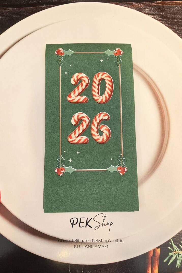 Candy Cane 2026 Baskılı Yeşil Yılbaşı Peçetesi - Yeşil Peçete 12li Paket - 1