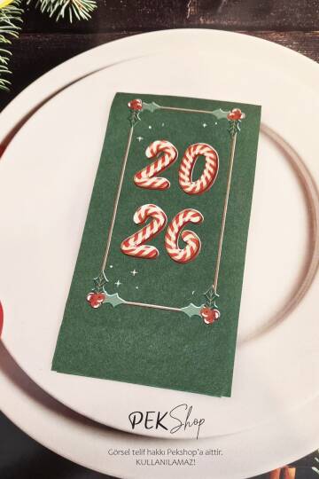 Candy Cane 2026 Baskılı Yeşil Yılbaşı Peçetesi - Yeşil Peçete 12li Paket - 2
