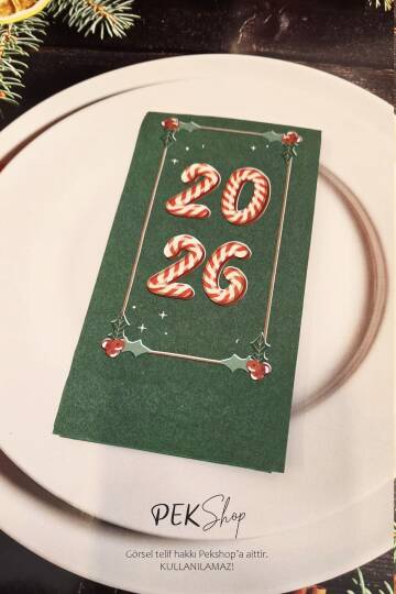 Candy Cane 2026 Baskılı Yeşil Yılbaşı Peçetesi - Yeşil Peçete 12li Paket - 4