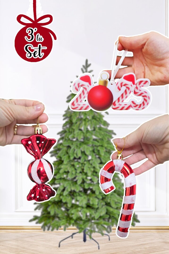 Candy Cane Kırmızı Beyaz Tema Yılbaşı Ağaç Süsleri Seti 2025 Candy Cane Süslü Yılbaşı Ağacı Süsleri 3lü Set - 1