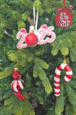 Candy Cane Kırmızı Beyaz Tema Yılbaşı Ağaç Süsleri Seti 2025 Candy Cane Süslü Yılbaşı Ağacı Süsleri 3lü Set - 2