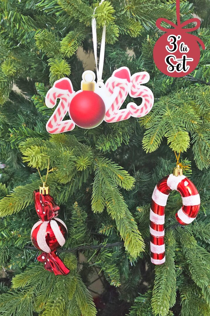 Candy Cane Kırmızı Beyaz Tema Yılbaşı Ağaç Süsleri Seti 2025 Candy Cane Süslü Yılbaşı Ağacı Süsleri 3lü Set - 2