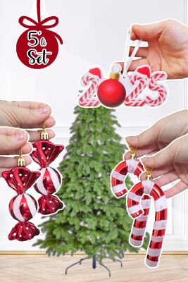 Candy Cane Kırmızı Beyaz Tema Yılbaşı Ağaç Süsleri Seti 2025 Candy Cane Süslü Yılbaşı Ağacı Süsleri 5li Set - 1