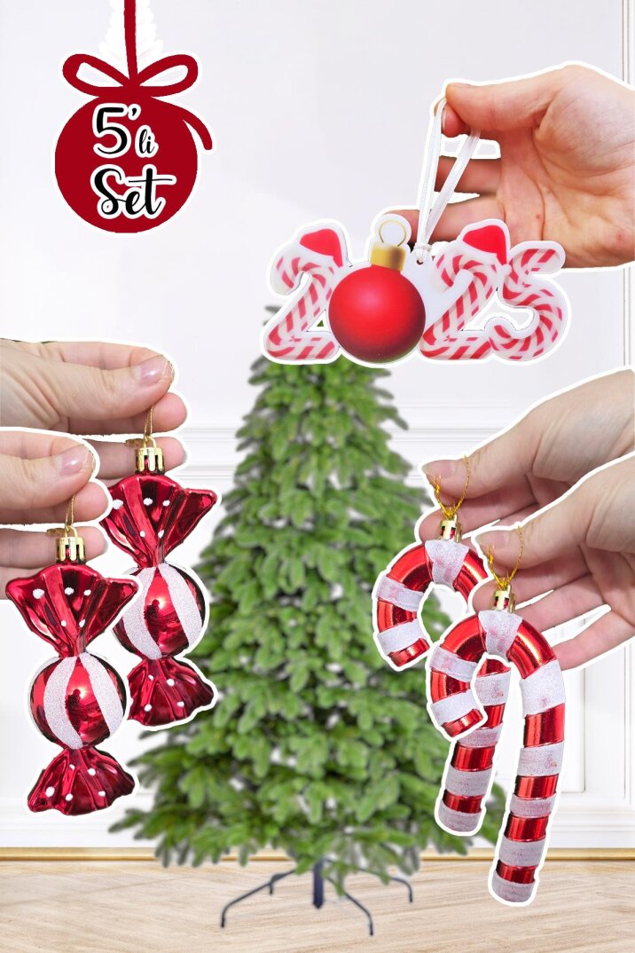 Candy Cane Kırmızı Beyaz Tema Yılbaşı Ağaç Süsleri Seti 2025 Candy Cane Süslü Yılbaşı Ağacı Süsleri 5li Set - 1