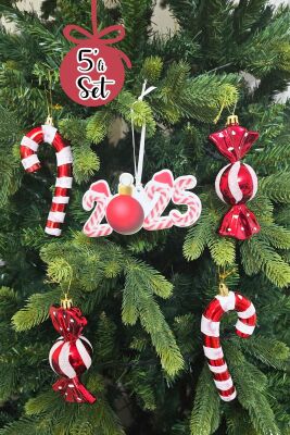 Candy Cane Kırmızı Beyaz Tema Yılbaşı Ağaç Süsleri Seti 2025 Candy Cane Süslü Yılbaşı Ağacı Süsleri 5li Set - 2