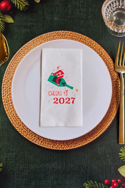 Cheers to 2027 Şampanya ve Noel Baba Desenli Yılbaşı - Yeni Yıl Sunum Peçetesi