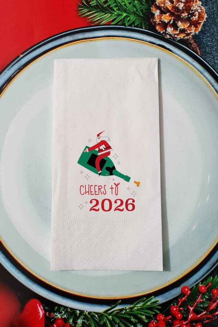 Cheers to 2026 Şampanya ve Noel Baba Desenli Yılbaşı - Yeni Yıl Sunum Peçetesi - 1
