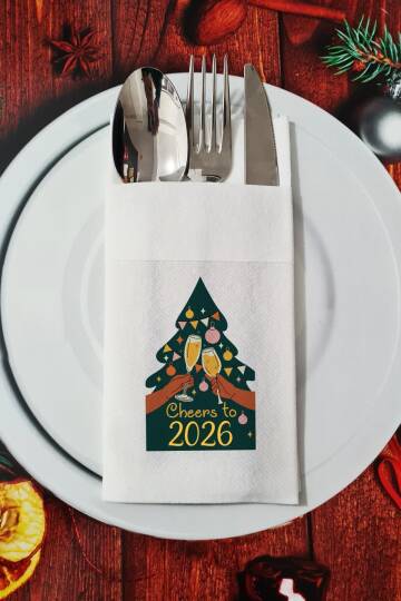 Cheers to 2026 Yazılı Yılbaşı Ağacı Desenli - Yeni Yıl Sunum Peçetesi