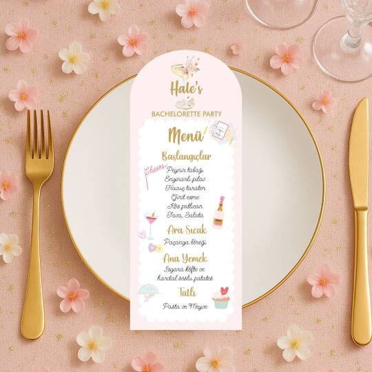 Çiçekli Gold Bride to be Konsept Bekarlığa Veda Konsept Menü Kartı
