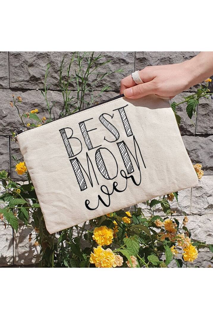 Clutch Çanta - Best Mom Ever Yazılı Anneye Hediye Astarlı Makyaj Çantası - 1