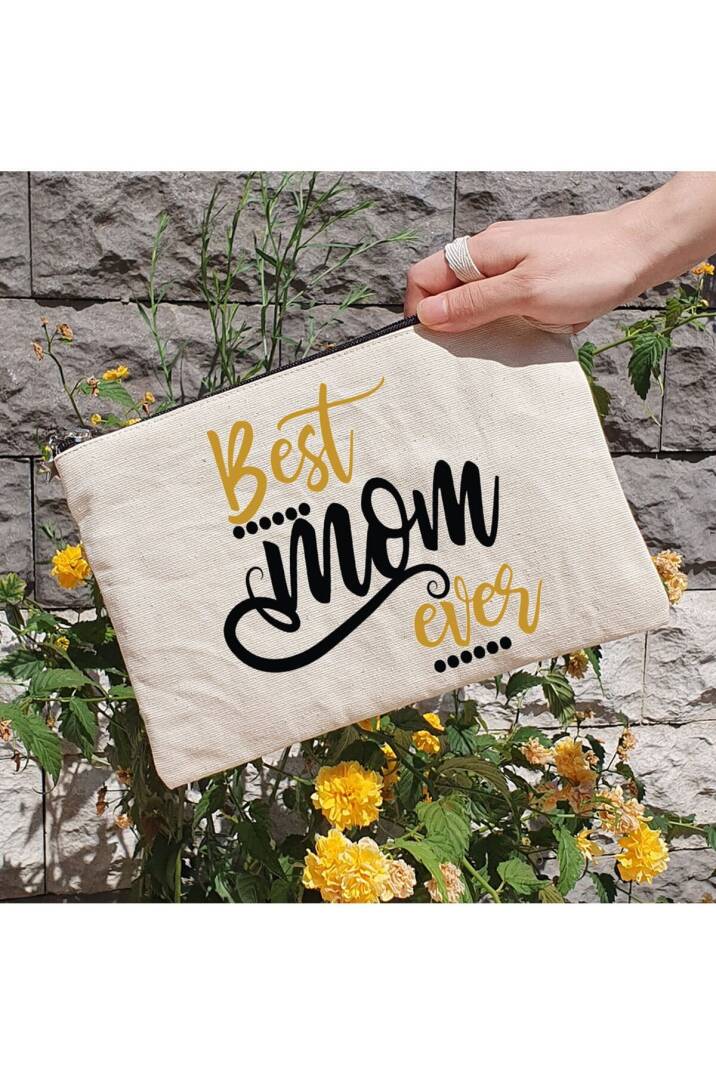 Clutch Çanta - Best Mom Ever Yazılı Anneye Hediye Astarlı Makyaj Çantası - 1