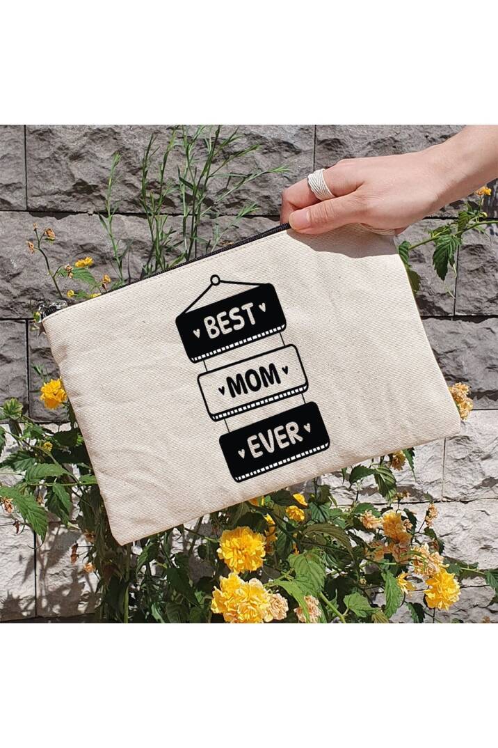 Clutch Çanta - Best Mom Ever Yazılı Anneye Hediye Astarlı Makyaj Çantası - 1