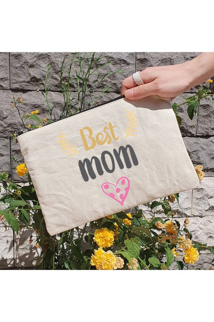 Clutch Çanta - Best Mom Yazılı Anneye Hediye Astarlı Makyaj Çantası - 1