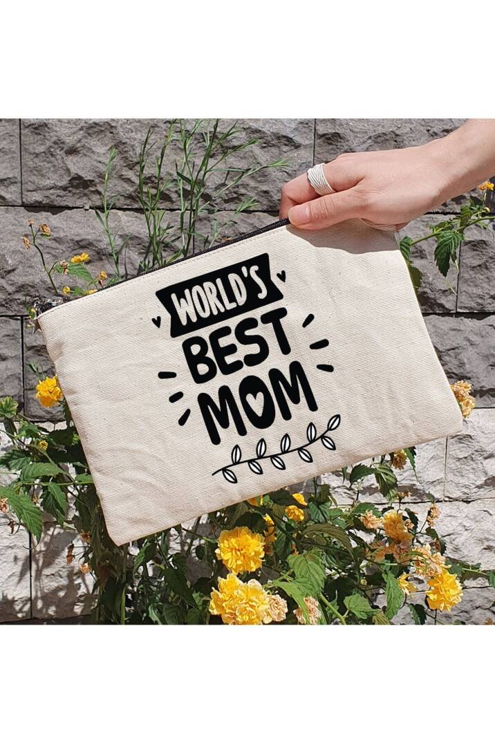 Clutch Çanta - World's Best Mom Yazılı Anneye Hediye Astarlı Makyaj Çantası - 1