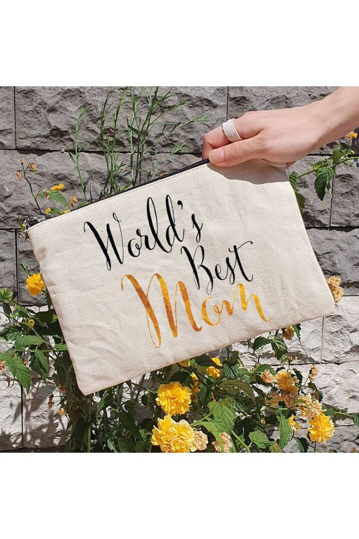 Clutch Çanta - World's Best Mom Yazılı Anneye Hediye Astarlı Makyaj Çantası - 1