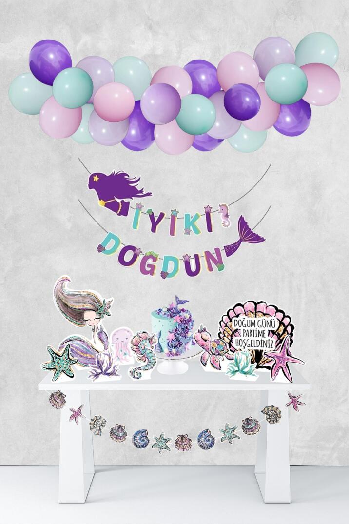 Deniz Kızı Konsept Parti Seti Masa Üstü Panolar Banner Balon Zinciri Yapımı Seti - 1