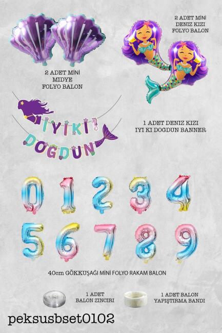 Deniz Kızı Tema Doğum Günü Balon Seti İstiridye Deniz Kızı ve Rakam Balonlu Balon Zinciri Seti - 6