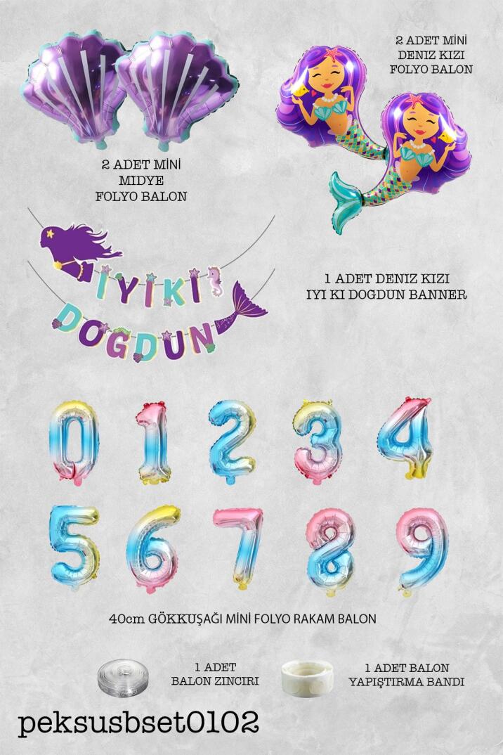 Deniz Kızı Tema Doğum Günü Balon Seti İstiridye Deniz Kızı ve Rakam Balonlu Balon Zinciri Seti - 8