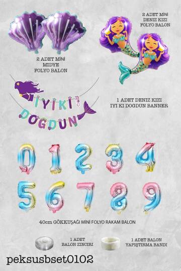 Deniz Kızı Tema Doğum Günü Balon Seti İstiridye Deniz Kızı ve Rakam Balonlu Balon Zinciri Seti - 2