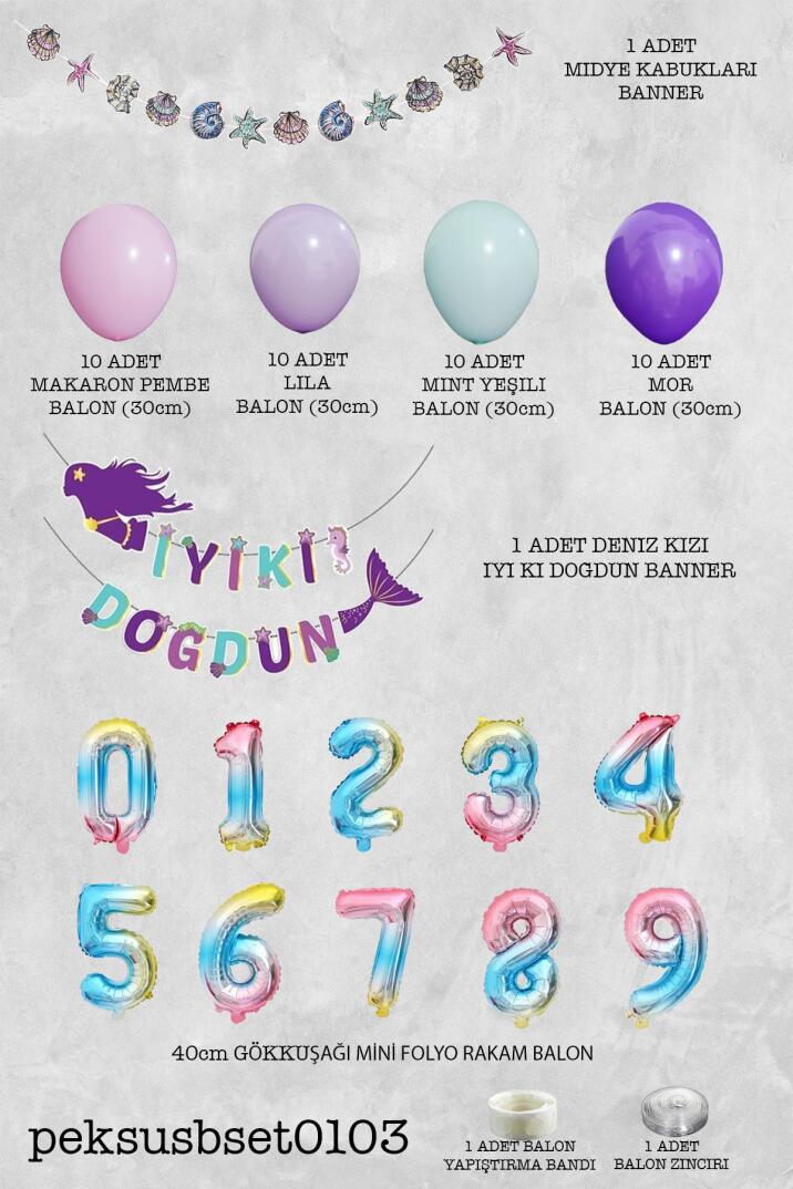 Deniz Kızı Tema Doğum Günü Balon Zinciri Rakam Balonlu Deniz Kızı Seti - 8