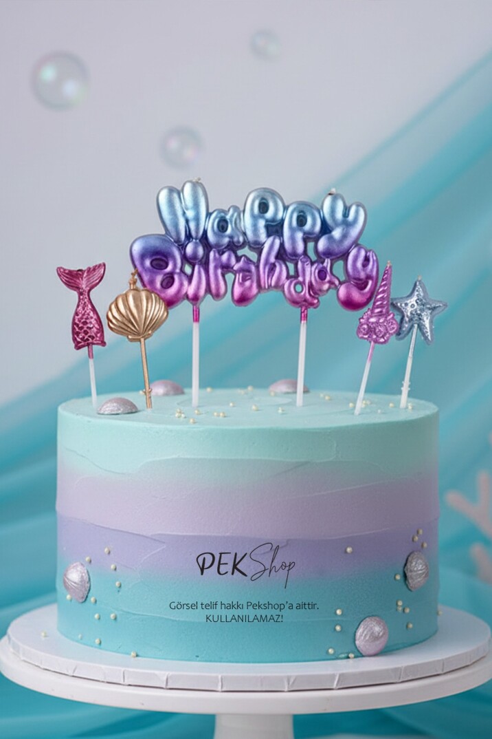 Deniz Kızı Tema Happy Birthday Mum Seti 5li Deniz Kızı Tema Doğum Günü Pasta Mum Seti - 1