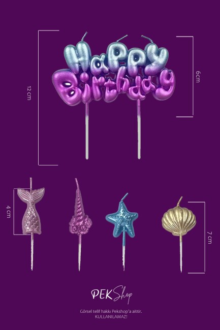 Deniz Kızı Tema Happy Birthday Mum Seti 5li Deniz Kızı Tema Doğum Günü Pasta Mum Seti - 2