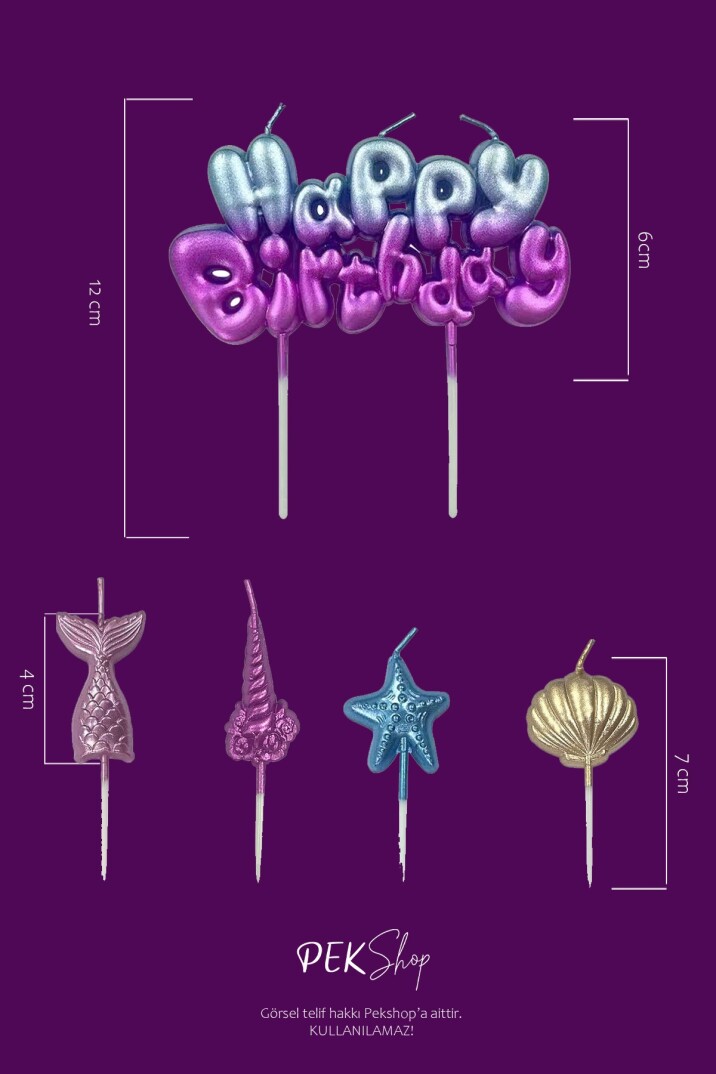 Deniz Kızı Tema Happy Birthday Mum Seti 5li Deniz Kızı Tema Doğum Günü Pasta Mum Seti - 2