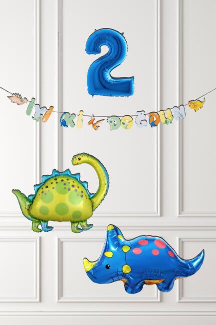 Dinazor Tema Doğum Günü Balon Süsleme Seti Bannerlı Mavi Yaş Balonlu Dinozor Balon Paketi - 3
