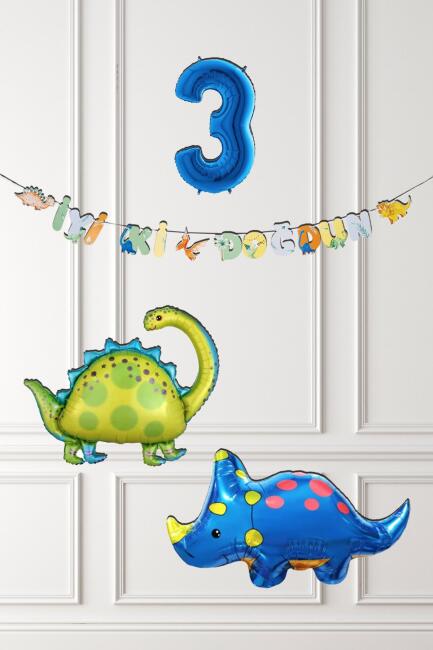 Dinazor Tema Doğum Günü Balon Süsleme Seti Bannerlı Mavi Yaş Balonlu Dinozor Balon Paketi - 5