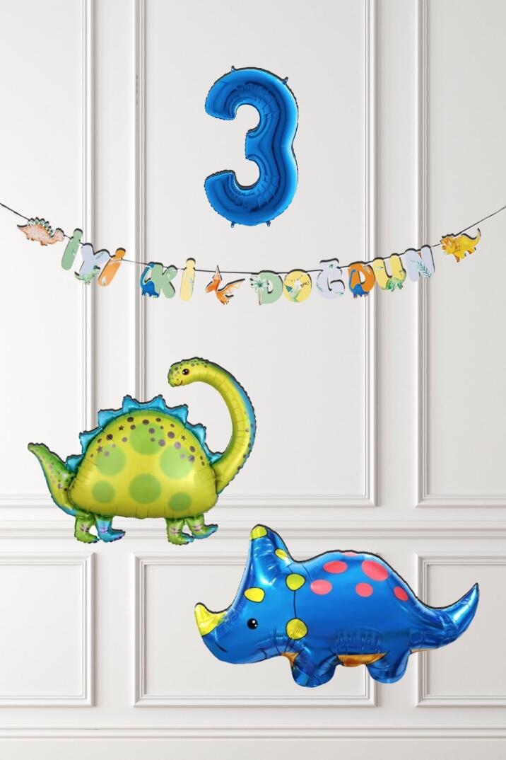 Dinazor Tema Doğum Günü Balon Süsleme Seti Bannerlı Mavi Yaş Balonlu Dinozor Balon Paketi - 5