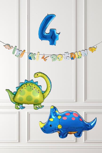 Dinazor Tema Doğum Günü Balon Süsleme Seti Bannerlı Mavi Yaş Balonlu Dinozor Balon Paketi - 7
