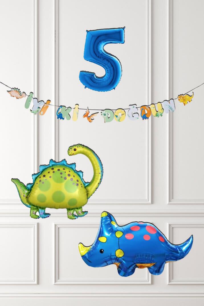 Dinazor Tema Doğum Günü Balon Süsleme Seti Bannerlı Mavi Yaş Balonlu Dinozor Balon Paketi - 9