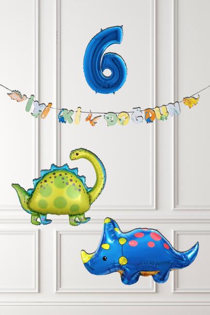 Dinazor Tema Doğum Günü Balon Süsleme Seti Bannerlı Mavi Yaş Balonlu Dinozor Balon Paketi - 11