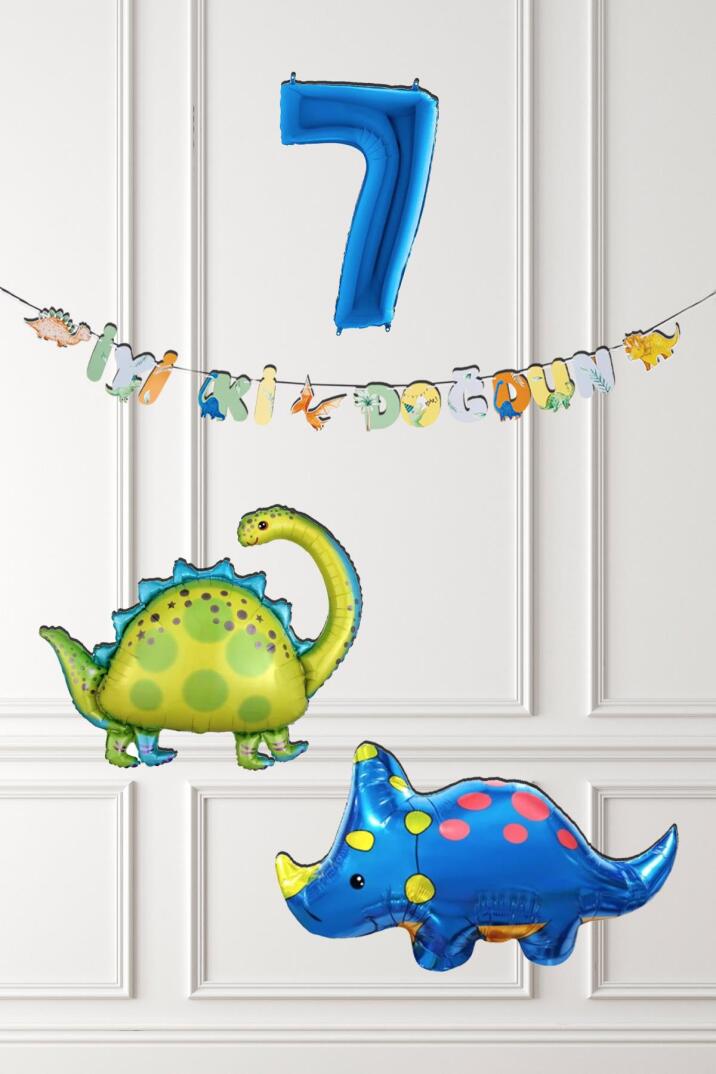 Dinazor Tema Doğum Günü Balon Süsleme Seti Bannerlı Mavi Yaş Balonlu Dinozor Balon Paketi - 13