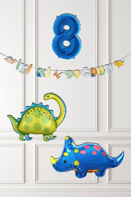 Dinazor Tema Doğum Günü Balon Süsleme Seti Bannerlı Mavi Yaş Balonlu Dinozor Balon Paketi - 15