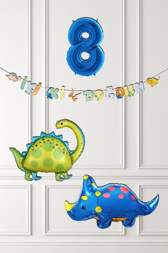 Dinazor Tema Doğum Günü Balon Süsleme Seti Bannerlı Mavi Yaş Balonlu Dinozor Balon Paketi - 15