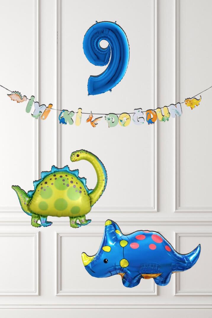 Dinazor Tema Doğum Günü Balon Süsleme Seti Bannerlı Mavi Yaş Balonlu Dinozor Balon Paketi - 17