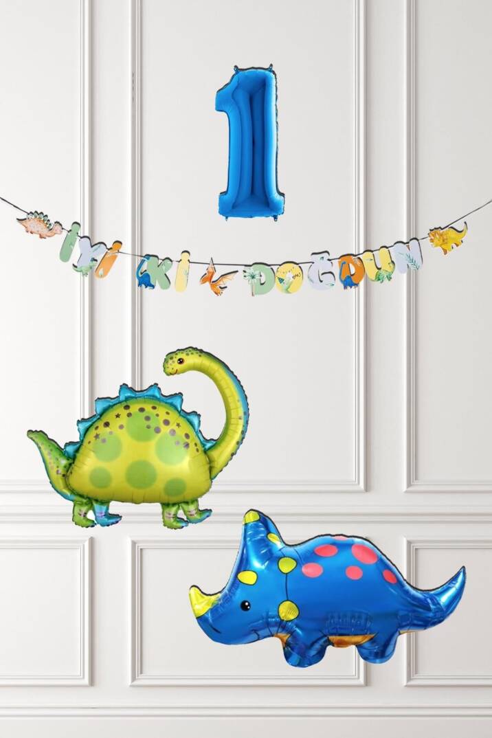 Dinazor Tema Doğum Günü Balon Süsleme Seti Bannerlı Mavi Yaş Balonlu Dinozor Balon Paketi - 1