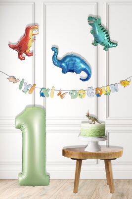 Dinazor Tema Doğum Günü Balon Süsleme Seti Bannerlı Yaş Balonlu Dinozor Balon Zincir Paketi - 1