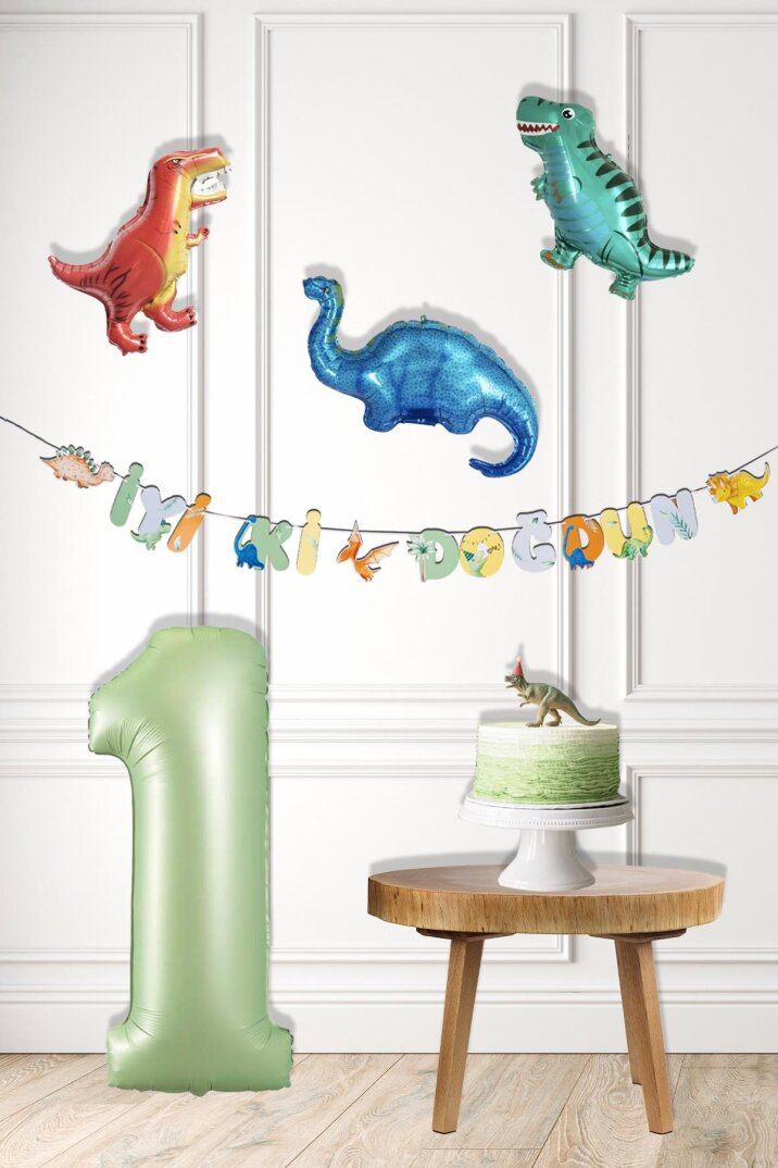 Dinazor Tema Doğum Günü Balon Süsleme Seti Bannerlı Yaş Balonlu Dinozor Balon Zincir Paketi - 1