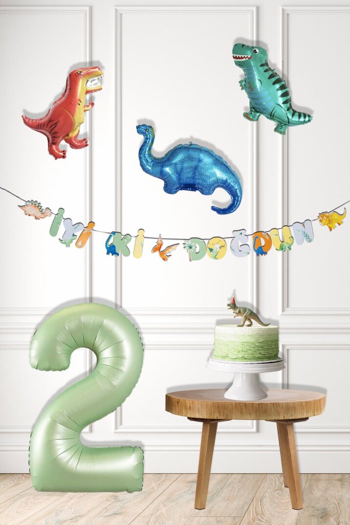 Dinazor Tema Doğum Günü Balon Süsleme Seti Bannerlı Yaş Balonlu Dinozor Balon Zincir Paketi - 3