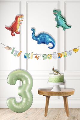 Dinazor Tema Doğum Günü Balon Süsleme Seti Bannerlı Yaş Balonlu Dinozor Balon Zincir Paketi - 4