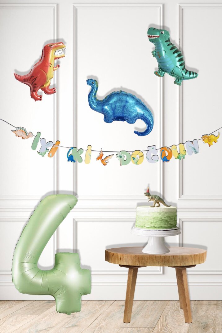 Dinazor Tema Doğum Günü Balon Süsleme Seti Bannerlı Yaş Balonlu Dinozor Balon Zincir Paketi - 5