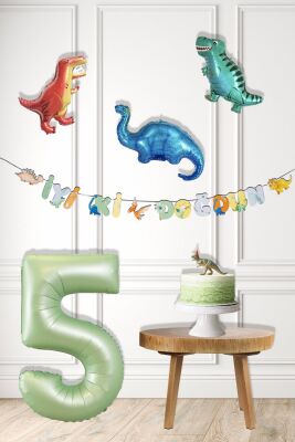 Dinazor Tema Doğum Günü Balon Süsleme Seti Bannerlı Yaş Balonlu Dinozor Balon Zincir Paketi - 6