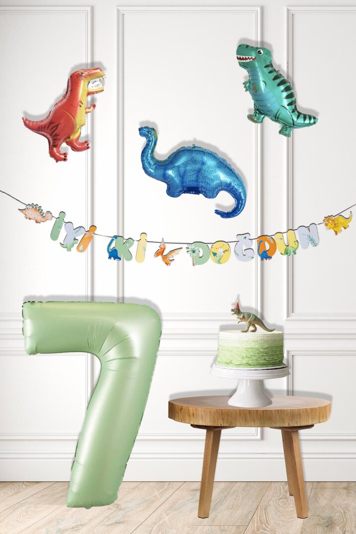 Dinazor Tema Doğum Günü Balon Süsleme Seti Bannerlı Yaş Balonlu Dinozor Balon Zincir Paketi - 8