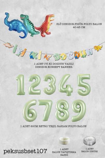 Dinazor Tema Doğum Günü Balon Süsleme Seti Bannerlı Yaş Balonlu Dinozor Balon Zincir Paketi - 2